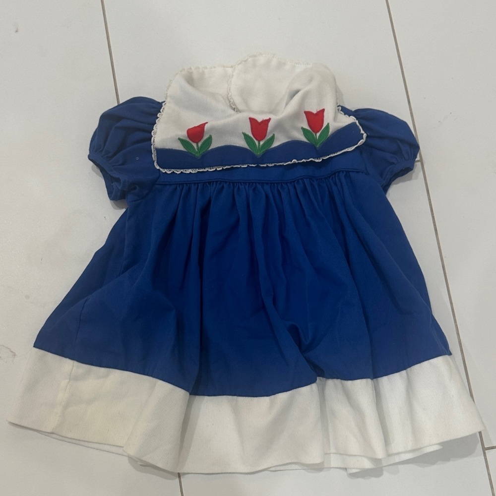 Jellybeans & Rainbows vintage Blue and White Dress with Red Tulip Design 12m